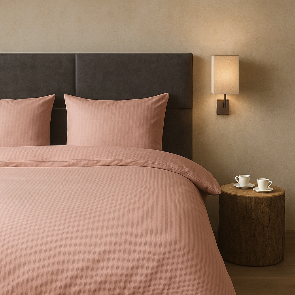 Luxe dekbedovertrekset van katoen-satijn in roze kleur, opgemaakt op een hotelwaardig bed