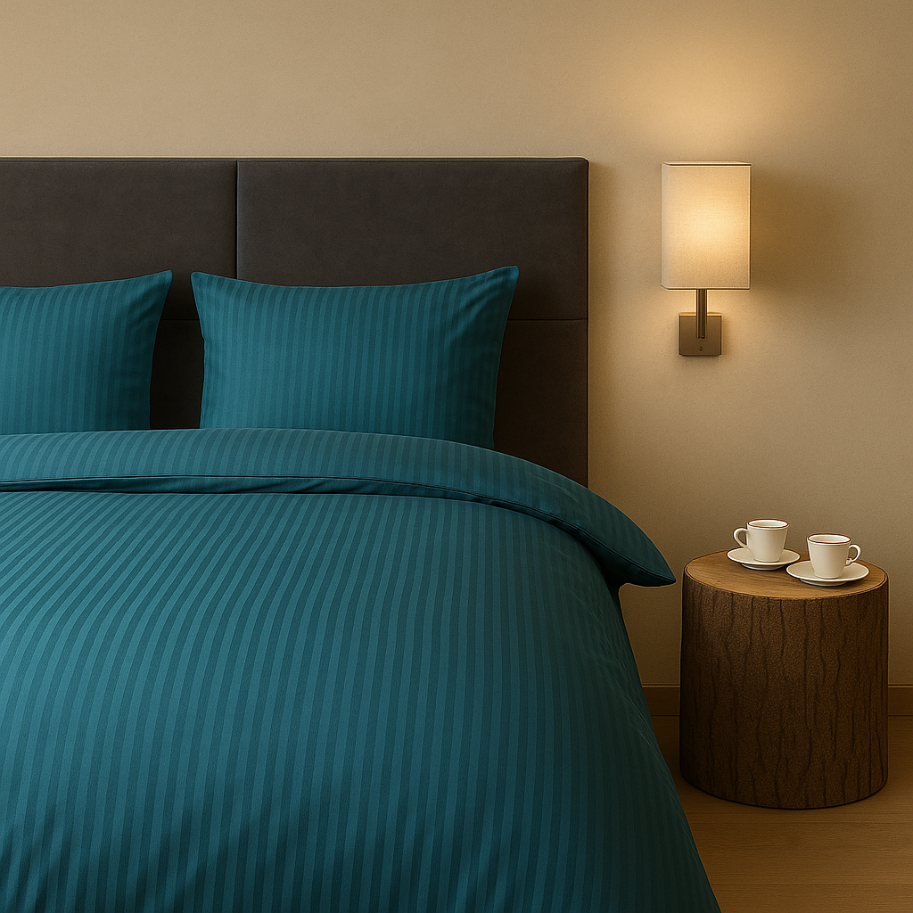 Luxe dekbedovertrekset van katoen-satijn in blauw kleur, opgemaakt op een hotelwaardig bed
