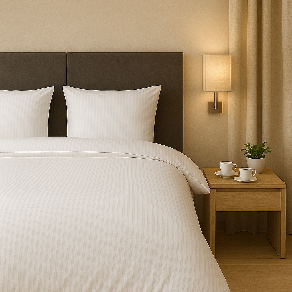 Luxe dekbedovertrekset van katoen-satijn in wit kleur, opgemaakt op een hotelwaardig bed