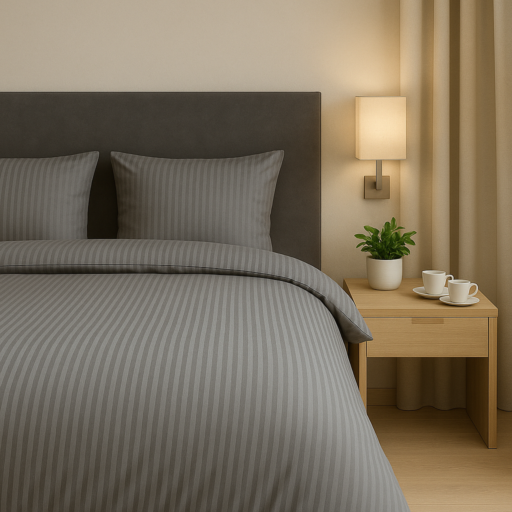 Luxe dekbedovertrekset van katoen-satijn in grijs kleur, opgemaakt op een hotelwaardig bed