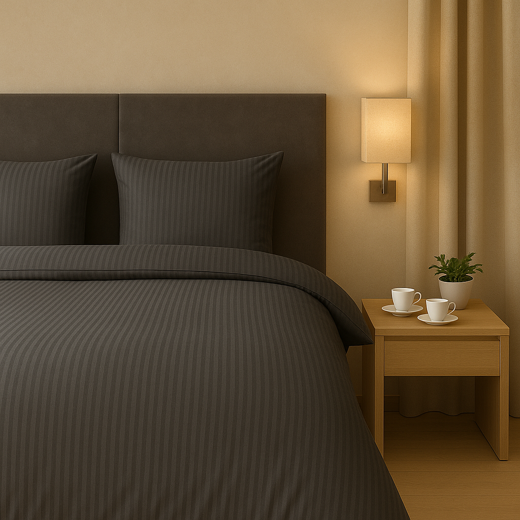 Luxe dekbedovertrekset van katoen-satijn in zwart kleur, opgemaakt op een hotelwaardig bed